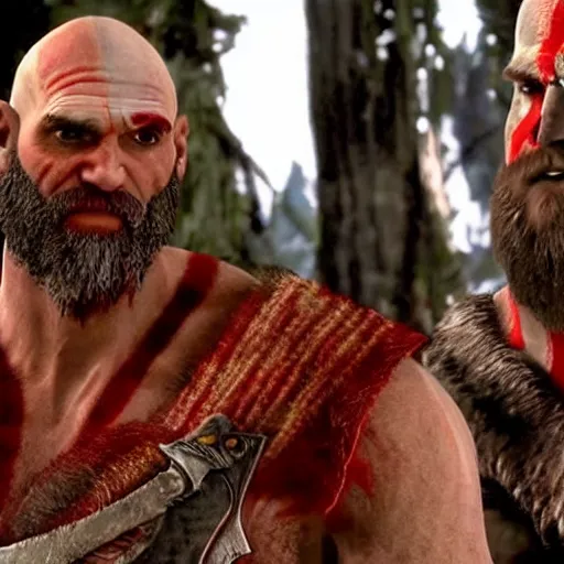 Prompt: jim carrey in the video game god of war giving a handshake to kratos