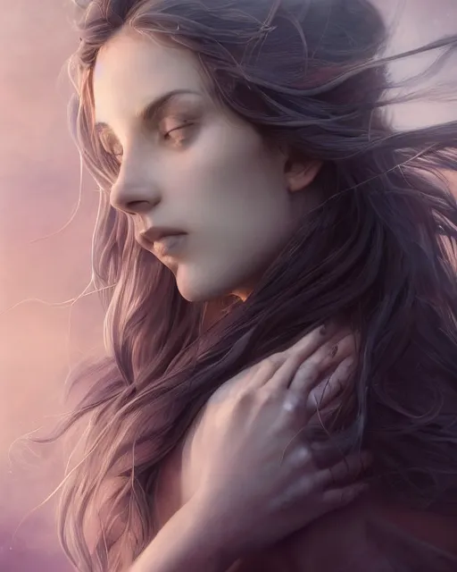 Prompt: side portrait of a beautiful female cleric, ethereal, dreamy, backlit, highly detailed, sad expression, mystical, realistic lighting, sharp focus, windswept, rule of thirds, symmetrical facial features, by artgerm, wlop, rossdraws, frank frazetta, andrei riabovitchev, trending on artstation, hd, 4 k, fantasy