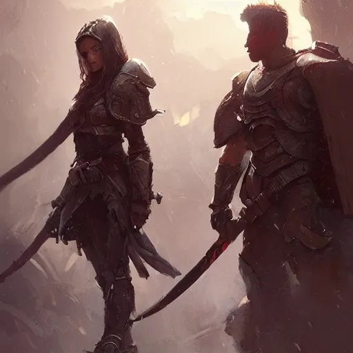 Image similar to A boy and a girl in warrior armor ,Greg rutkowski, Trending artstation, cinematográfica, digital Art