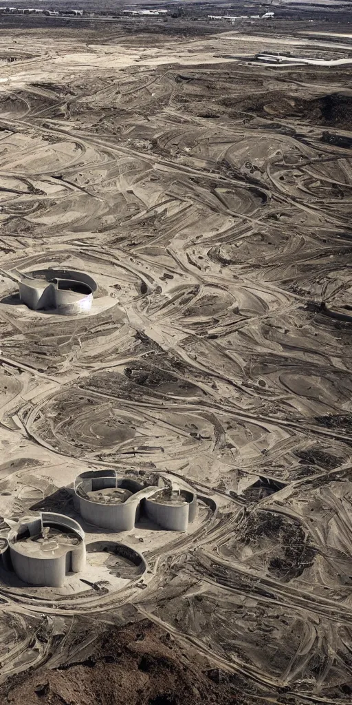 Image similar to neo brutalist herzog & de meuron bioremediation architecture in the mining tailing in the desert