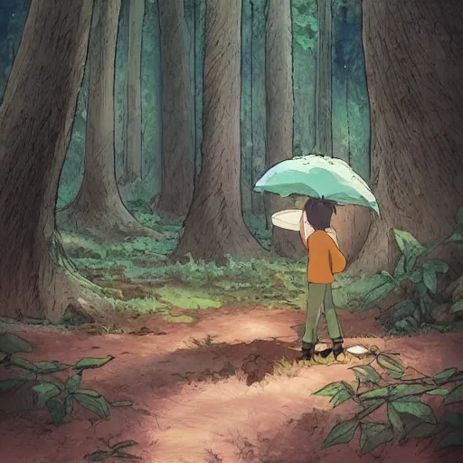 Image similar to friendly guy and small creature , with Fragile looking character portrait face made in Studio Ghibli artstyle ,highly detailed art, beautiful scene, sharp focus, smooth, 8k, anime art, fantasy, style in ghibli anime style, fantasy, island, forest with animals 8k