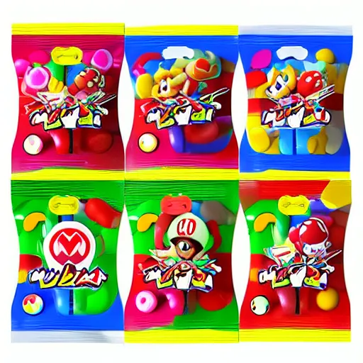 Image similar to Mario Kart Double Dash gummy candy bag. Creative unique sweets product design.