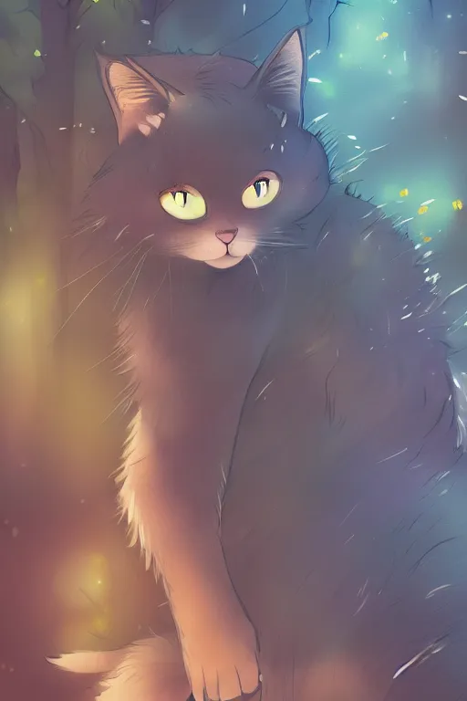 Image similar to a cat in a forest, by kawacy, sunlight, trending on pixiv, bokeh, furry art, anime, dramatic lighting, digital art