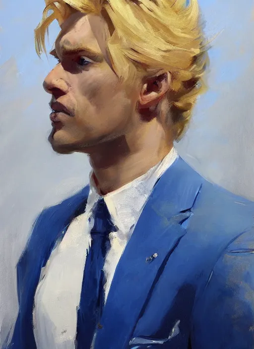 Prompt: greg manchess side portrait of a blond man in a blue suit with a big sword, asymmetrical, profile picture, organic painting, sunny day, matte painting, bold shapes, hard edges, street art, trending on artstation, by huang guangjian, gil elvgren, ruan jia, randy vargas, greg rutkowski