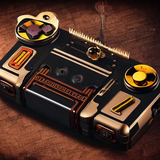 Prompt: steampunk super nintendo console with hand controls and steam comming out, Insanely detailed, clean photorealistic realistic, hyper-realistic, super detailed, realistic octane render, 8K, hd wallpaper