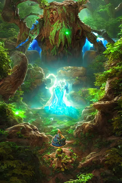 Image similar to zelda fantasy art giant golem elemental wood rock greeble gemstone enchanted forest troll, global illumination ray tracing hdr fanart arstation by sung choi and eric pfeiffer and gabriel garza and casper konefal bastion forged hardmesh lisa frank zbrush central radiating a glowing aura global illumination ray tracing hdr volume light