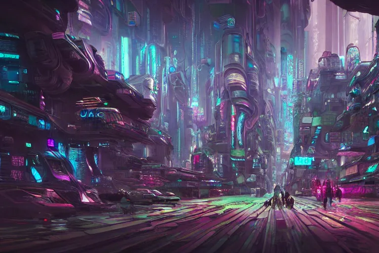 Image similar to a psychedelic cyberpunk city at the edge of existence where intensely creative astral beings live, in the style of wlop, illustration, epic, fantasy, hyper detailed, smooth, unreal engine, sharp focus, ray tracing