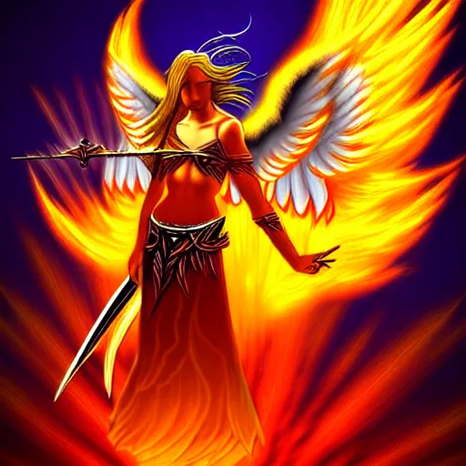 Prompt: flying fiery angelic six-winged warrior, fantasy art