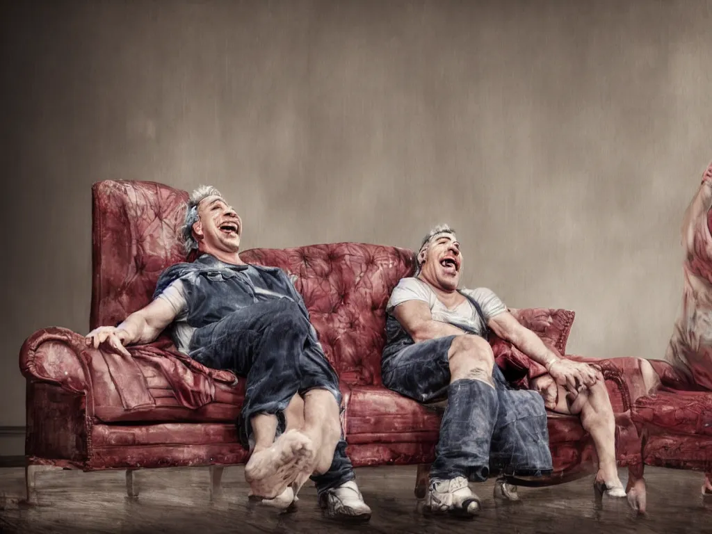 Prompt: extremely detailed digital painting of till lindemann sits on the couch with grandmother both laughing by handoga, stunning scene, 4 k, realism, bright colors, trending on artstation