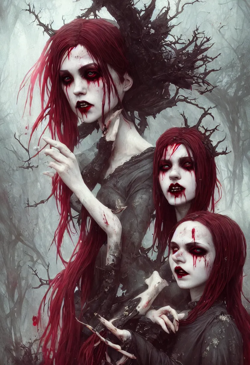Image similar to beautiful, very very very extreme closeup portrait, bloody, vampire girl, extreme blood, vampire fangs, medieval dress. witch, makeup. unreal engine, greg rutkowski, loish, rhads, beeple, tom bagshaw, alphonse mucha, global illumination, detailed and intricate environment