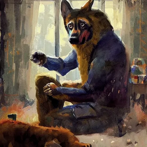 Image similar to a humanoid german shepherd beast - man, sitting and watching a soccer match in his house on television, he has hurt his knee and is a dad, by erin hanson, alexi zaitsev, karl spitzweg, award winning, tv set