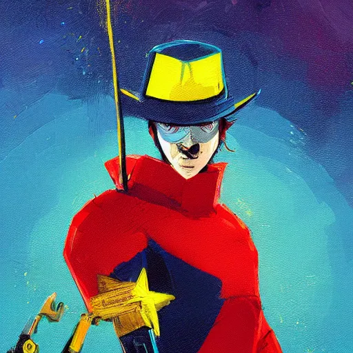 Prompt: superhero with tophat and a rifle in blue and yellow clothes, by anato finnstark, by alena aenami, by john harris, by ross tran, by wlop, by andreas rocha