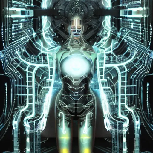 Image similar to Meditating cyborg with many cybernetic implants and wiring, lotus pose, techno-optimism, utopia, sci-fi, hyperrealist, centered, wide angle shot, detailed, intricate, digital painting by Greg Rutkowski, face by artgerm, digital art, trending on artstation, top post of all time on /r/transhumanism subreddit