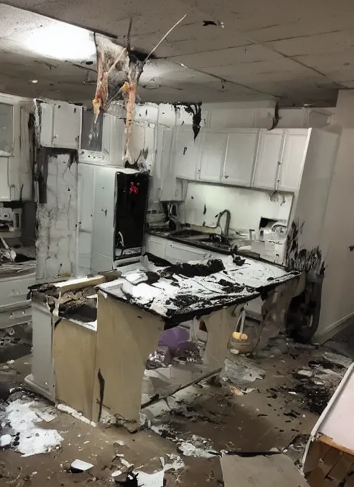 Image similar to photo of a secret meth lab, vandalized and broken