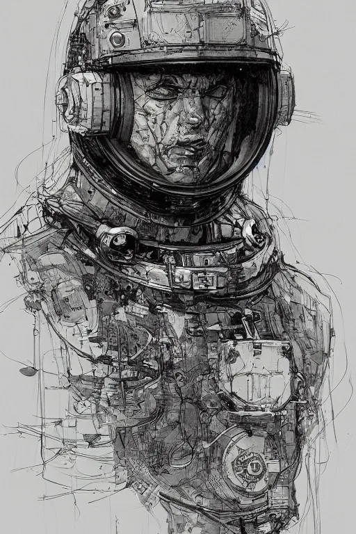 Prompt: portrait of a future cosmonaut with helmet having cybernetics and wirings, pen and ink, intricate line drawings, by craig mullins, ruan jia, kentaro miura, greg rutkowski