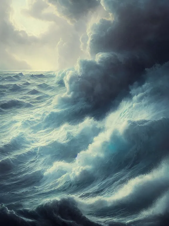 Image similar to photo of 8k ultra realistic raging storm at sea, heavy waves, epic clouds, full of colour, cinematic lighting, battered, trending on artstation, 4k, hyperrealistic, focused, extreme details,unreal engine 5, cinematic, masterpiece, art by Peter Mohrbacher