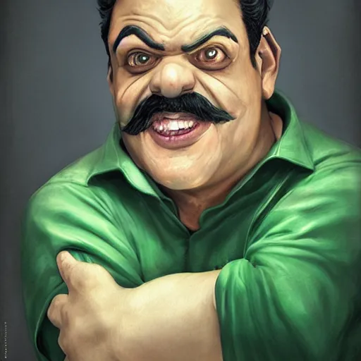 Image similar to hyper realistic, realistic - anime, portrait, beautifully rendered, luis guzman as luigi wearing green, smirking deviously, nintendo's luigi, painted by greg rutkowski, wlop, artgerm, dishonored 2,