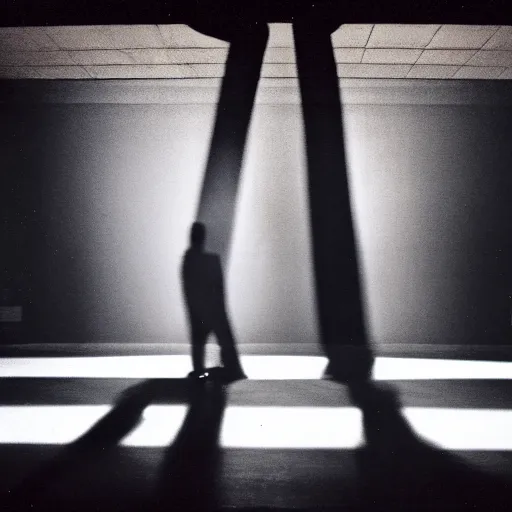 Image similar to Two male silhouettes on an empty theatre stage, polaroid picture, colour, bright, motion blur