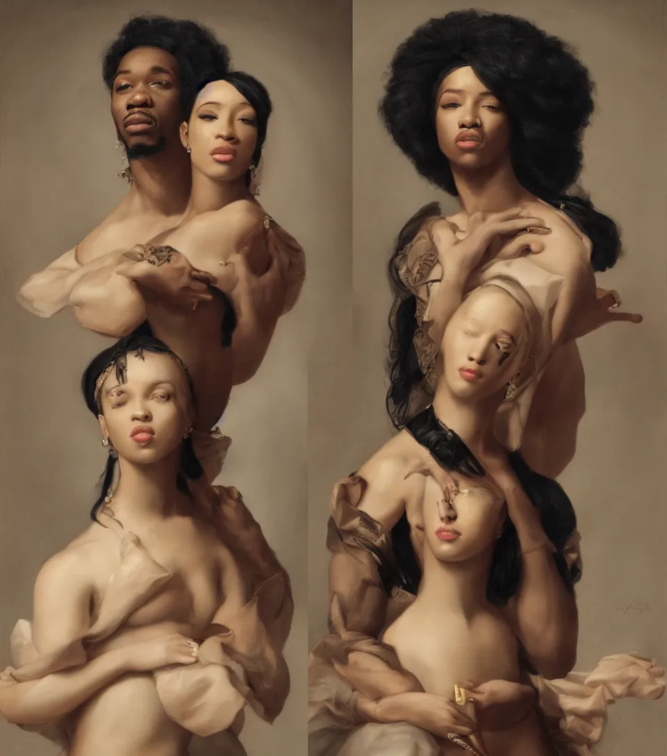 Image similar to portrait of offset and cardi b in the style of roberto ferri