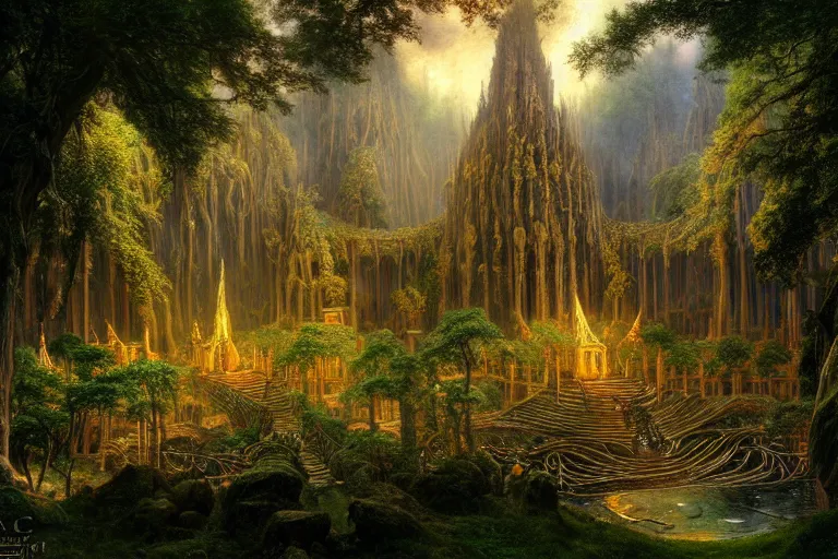 Image similar to a beautiful and highly detailed matte painting of a elven temple in lothlorien, psychedelic, celtic, intricate details, epic scale, insanely complex, 8 k, sharp focus, photorealism, artstation, cgsociety, by caspar friedrich, albert bierstadt, james gurney, brian froud,