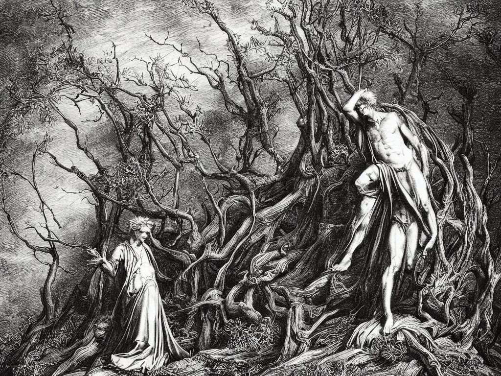 Prompt: “An engraving of Dante within a dark tangled forest, Wistman’s Wood by Gustave Dore”