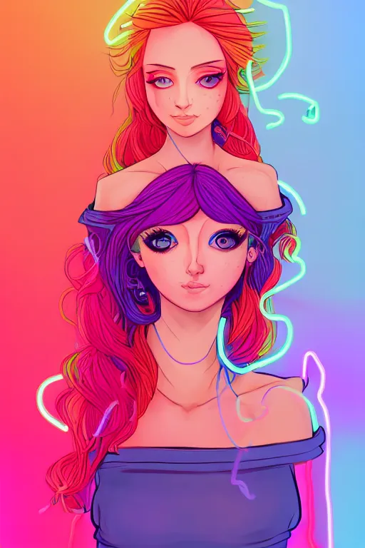 Image similar to a award winning portrait of a beautiful woman with stunning eyes in a one off shoulder croptop and cargo pants with rainbow colored hair, outlined by whirling illuminated neon lines and fine lines swirling in circles by lois van baarle, digital art, trending on artstation