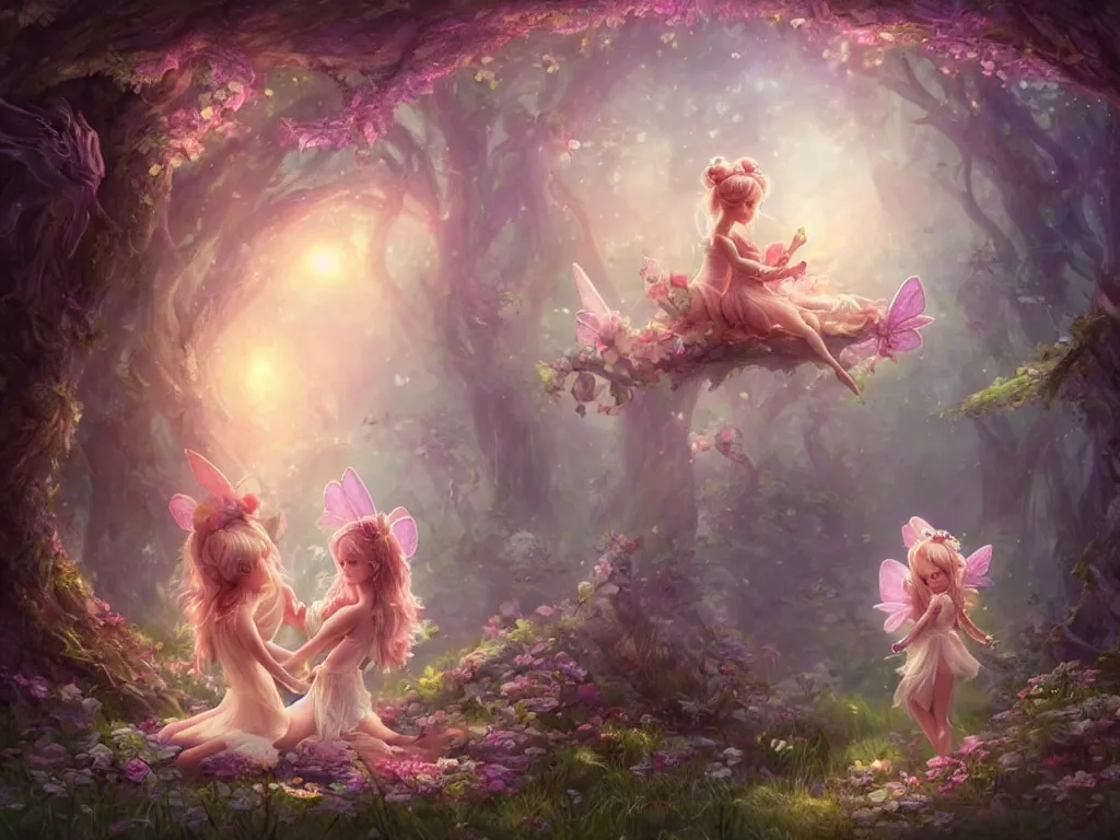 Image similar to two cute fairy in the dreamy forest, fantasy, dreamlike, 8 k resolution, hyper detailed, d & d, character design, digital painting, trending on artstation, sharp focus, illustration, art by artgerm, viktoria gavrilenko, hoang lap, fuji choko, steve zheng