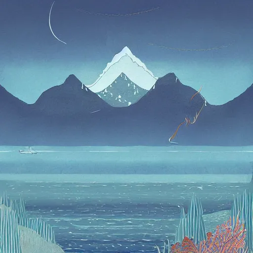 Prompt: a realm between the mountains and the sea, illustration, digital art by laura price