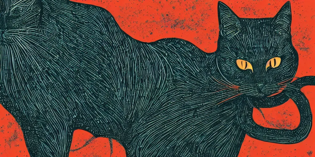 Prompt: a black terrific eldritch cat, hermaeus mora, linocut, moody, Karolis Strautniekas, Mads Berg, dramatic lighting, editorial illustration, detailed, fine texture, matte print, dynamic composition, blue+green+dark orange+red+dark blue+beige