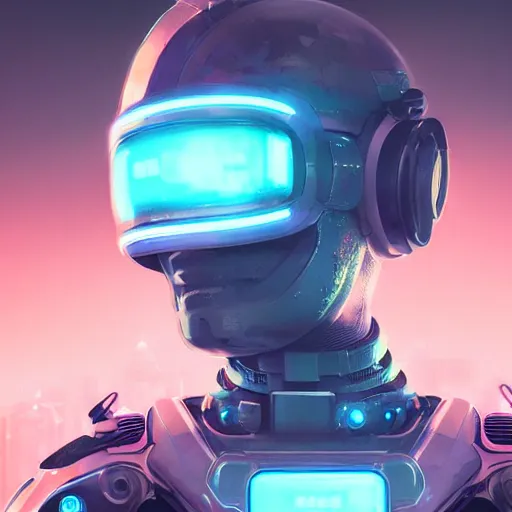 Image similar to cyberpunk concept cool warrior bot, cinema 4 d, galaxy, ufo, space sci - fi, wearing vr goggles, illustration, portrait, pastel neon textured background night, trending on artstation, greg rutkowski, octane rendered, 1 2 k, detailed,