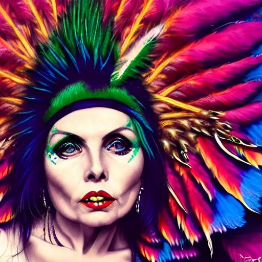 Prompt: portrait of debbie harry as a punk woman with green mohawk, neotraditional tattoos, fishnets, long tartan skirt as phoenix queen, feathers, wings, rainbow clothes,, sci - fi, intricate and very very beautiful and elegant, highly detailed, digital painting, artstation, smooth and sharp focus, illustration, art by tian zi and wlop and alphonse mucha