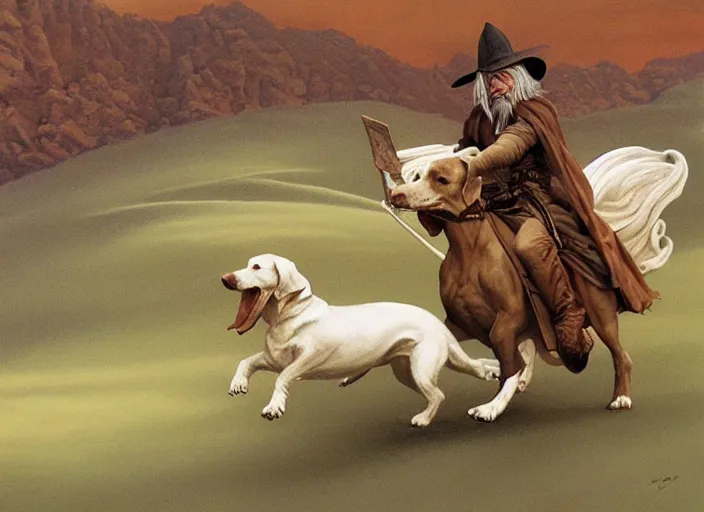 Image similar to Highly detailed oil painting of Gandalf the White riding a dachshund, intricate artwork by Angus McBride, John Howe, Matthew Stewart, Ted Nasmith, heroic fantasy