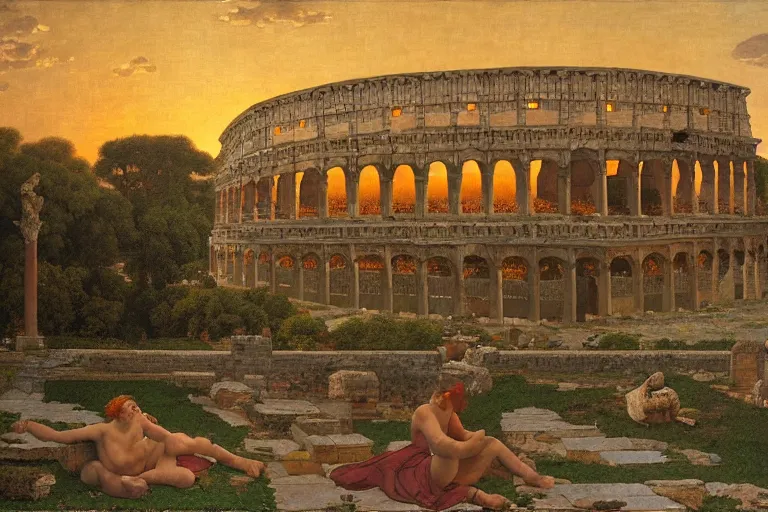 Prompt: painting of a the ancient rome, coliseum, sunset, chill, romantic, by ludwig deutsch and maxfield parrish, patterned tilework, extremely detailed, cinematic lighting, smooth sharp focus