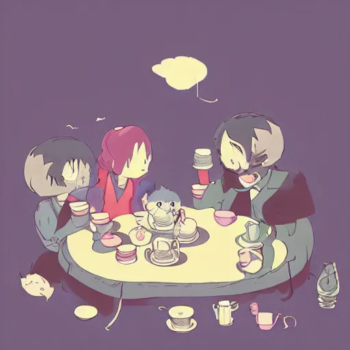 Image similar to tiny imaginary creatures having tea party inside a humans beard. anime. in a style of hayao miyazaki.