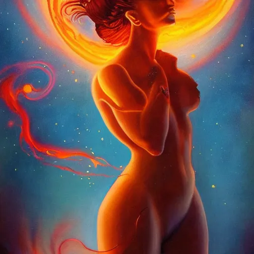 Image similar to A beautiful painting of a female cosmic being with flames as her body by Jim Burns, 8K, ultra-detailed , Trending on artstation.