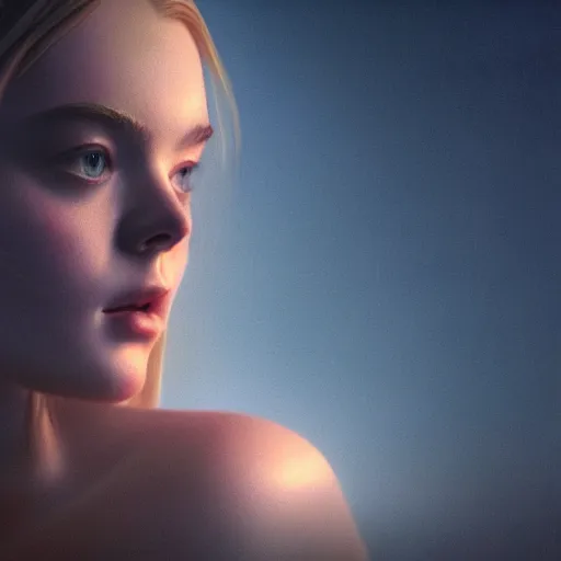 Prompt: silhouette of a Elle Fanning gazing at the ocean, pitch black room, extremely detailed realist masterpiece, oil on canvas, low-key neon lighting, artstation, Blade Runner 2049, Roger Deakin’s cinematography, by Stephen Bauman,