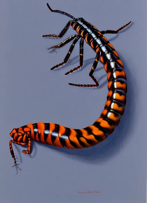 Image similar to beautiful matte airbrush portrait of a scolopendra on a white background, 8 0's airbrush aesthetic, art by pater sato
