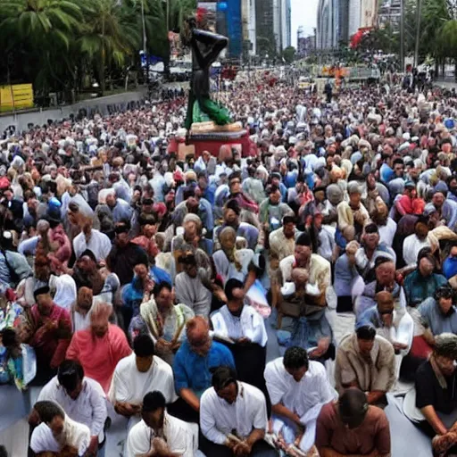 Image similar to people praying for a big statue of Jair bolsonaro