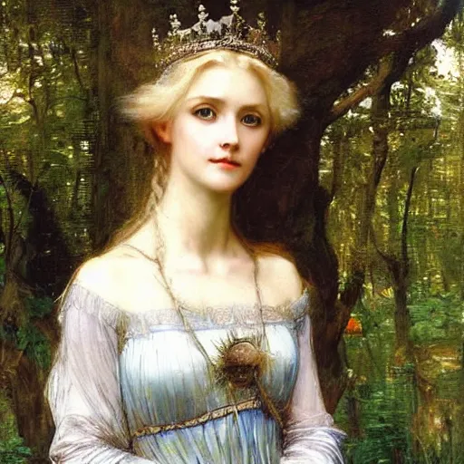 Prompt: portrait of a blue eyed, blonde haired crowned queen of summer with light elvish overtones and a forest background by John WIlliam Waterhouse n 9