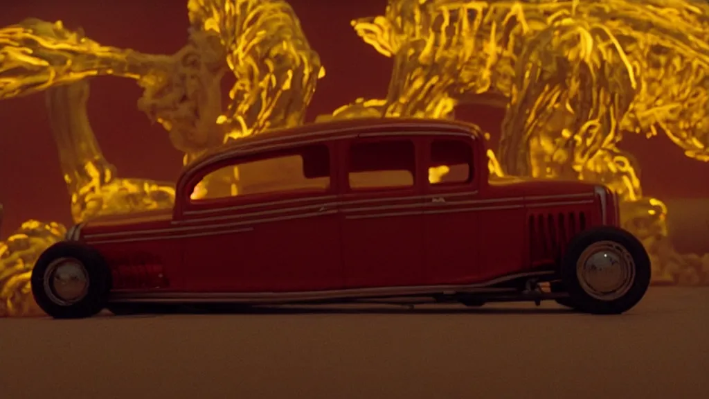 Image similar to the hot rod made of glowing wax, they look me in the eye, film still from the movie directed by Denis Villeneuve and David Cronenberg with art direction by Salvador Dalí, wide lens