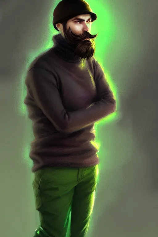 Prompt: a young man with a chin - style brown beard in black cap, light green turtleneck, purple pants and in a white sneakers, decorated, high fantasy, sharp focus, intricate, elegant, digital painting, artstation, matte, highly detailed, concept art, illustration, ambient lighting, art by bastien deharme