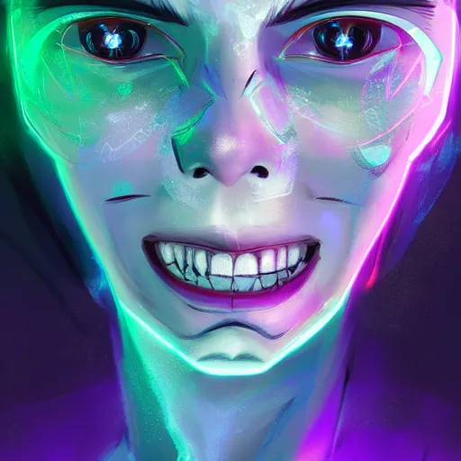 Prompt: a digital matte intricate smiling face illustration concept art, young danny phantom with glowing green eyes cute alt art fashion inspired by charlie bowater and wlop and mark arian and ross tran + neon colors, symmetry, intricate complexity, epic composition, magical atmosphere, highly detailed, cinematic lighting + masterpiece, trending on artstation + 8 k