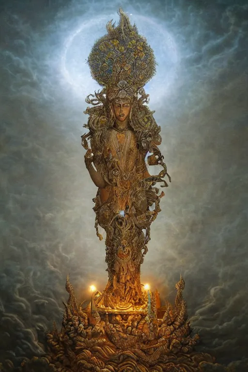 Prompt: Intricate stunning highly detailed deity by agostino arrivabene and Vladimir Kush, surreal metal sculpture, ultra realistic, Horror, dramatic lighting, full moon, blood moon, thick black swirling smoke tornado, burning fire embers, artstation