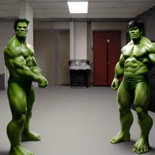 Prompt: the hulk in the backrooms