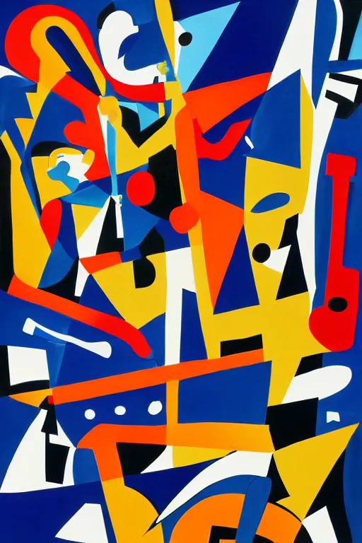 Image similar to Abstract painting representation of jazz musicians, the letters JAZZ in the style of Stuart Davis colors cobalt blue, ultramarine blue, yellow, red, white, black