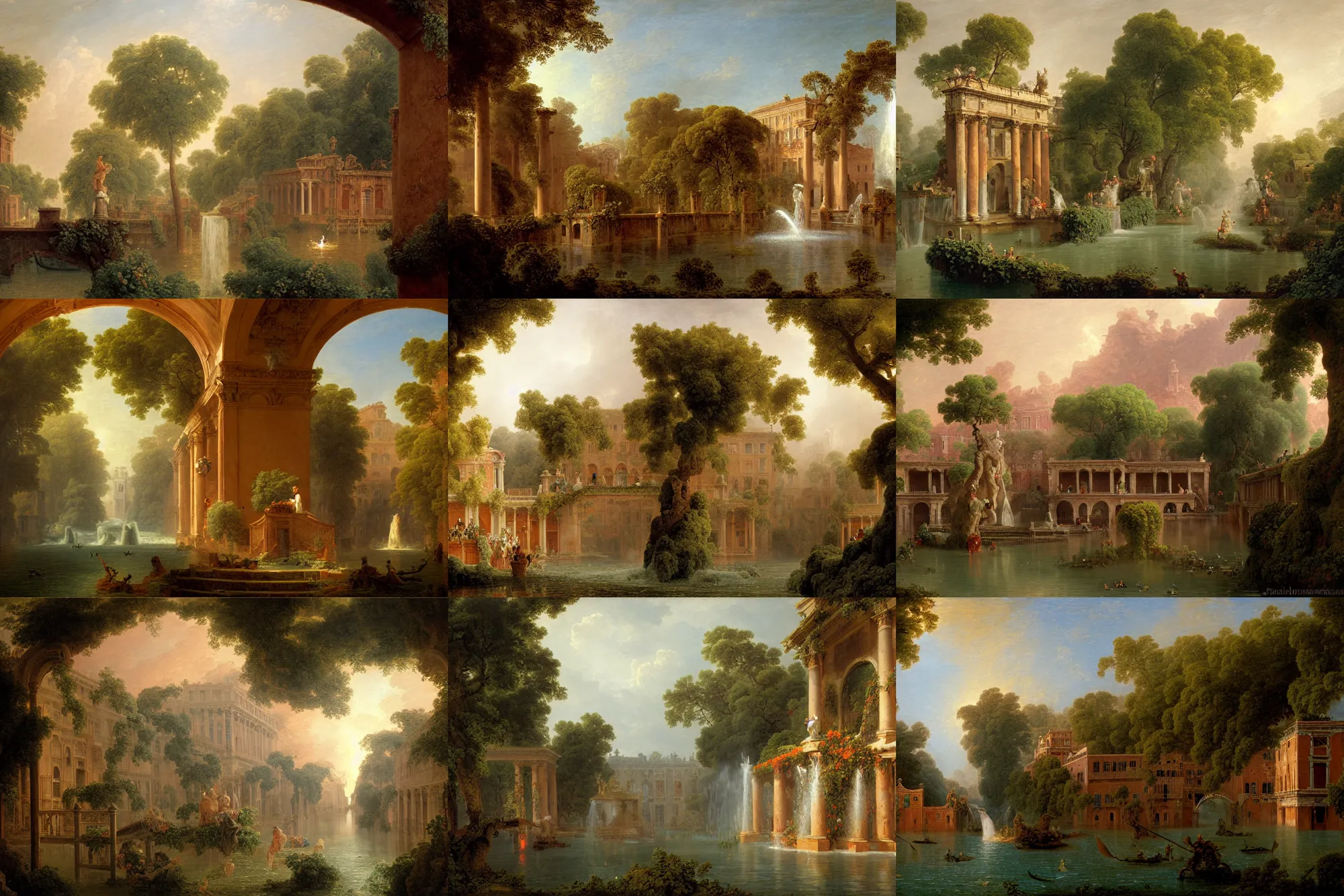 Prompt: colonial fountains of lava flooding a ghost town grand canal, stoic, spirits covered in drapery, fireflies, archways made of lush greenery, water coming out of windows, light dust, magnificent, hyperdetailed, theatrical, close up, masterpiece, painted by jean honore fragonard and greg rutkowski and rob alexander