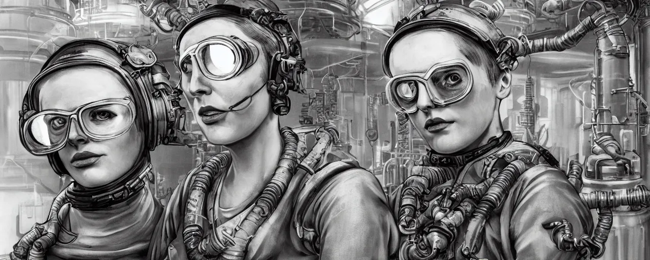 Image similar to detailed ink character concept art 3 / 4 portrait of tattooed stoic heroic emotionless butch blonde woman engineer with short slicked - back hair, wearing dark victorian goggles, wearing orange bandana around neck, working inside reactor room, awkward and uncomfortable and anxious, dirty. industrial space program, scifi, hyper detailed. octane render. trending on artstation