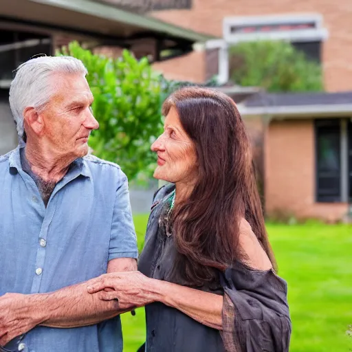 Prompt: a man and a woman around 3 0 years are standing in the backyard of a downtown home. focus on faces, realistic colors, detailed photo 8 k