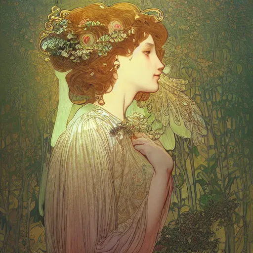 Prompt: a beautiful intricate illustration of a beautifull angel of nature, leaves, 4 k, ultra - wide angle, by william turner, by victo ngai, by alphonse mucha, by moebius, by gustave dore, hd, trending on artstation, hyper detailed, muted intense colors