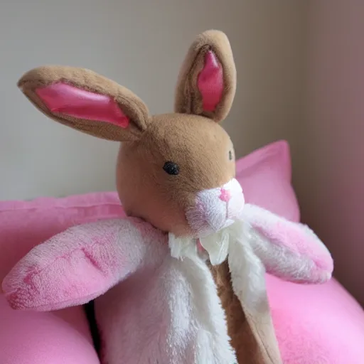 Prompt: flopsy the stuffed bunny comes to life in a 9 year old girls bedroom, photo realistic, fluffy, cute, adorable